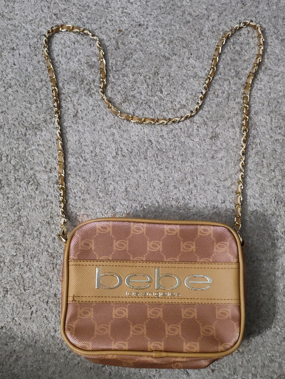 bebe Tan and Brown Logo Crossbody with Gold Chain